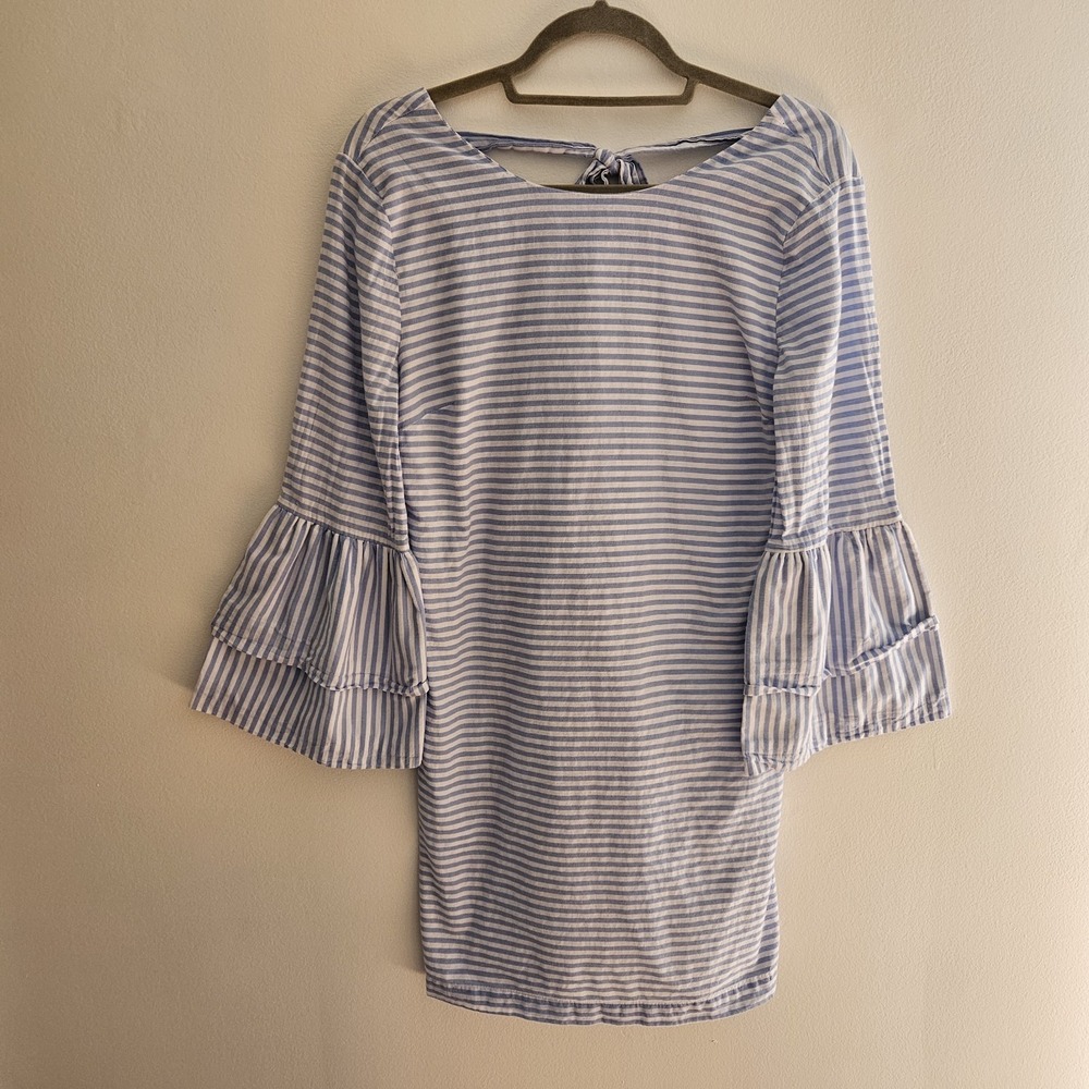 English Factory Cotton Mini Dress L Blue White Stripe Bow Tie Back Bell Sleeve